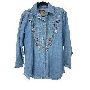 Vtg Tantrum Blues Denim Shirt Women 1X  Floral Embroidered Cottage Western Boho